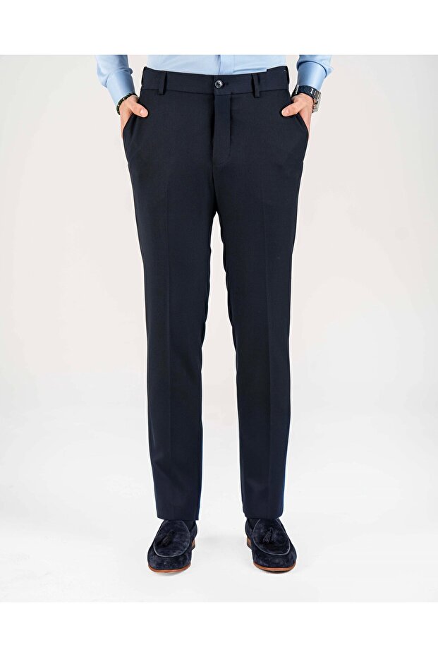 Slim Fit Bel Detailed Trousers Navy Blue T20008-02