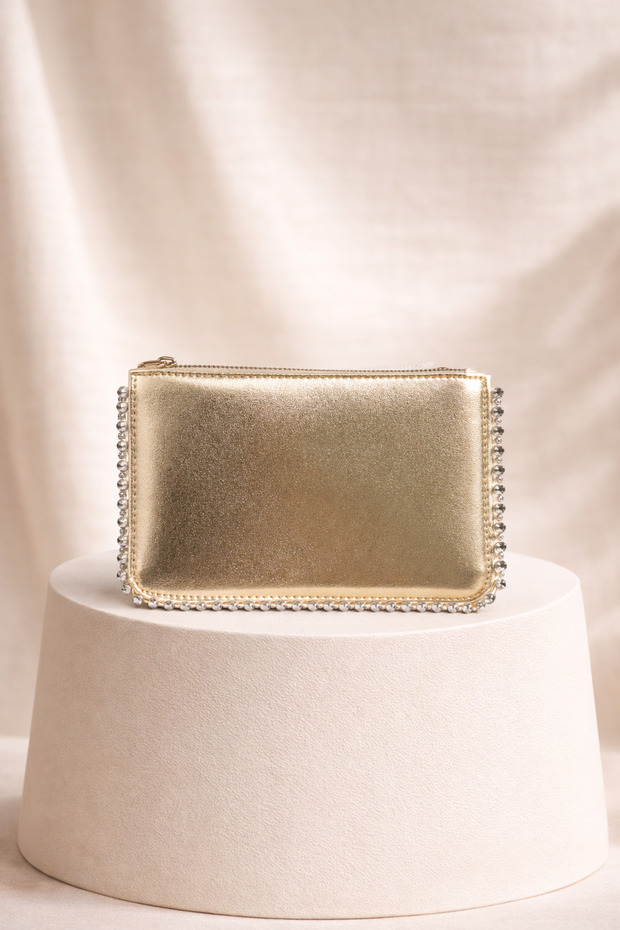Trok Detailed Chain Strap Edge Women's Hand and Shoulder Bag Gold