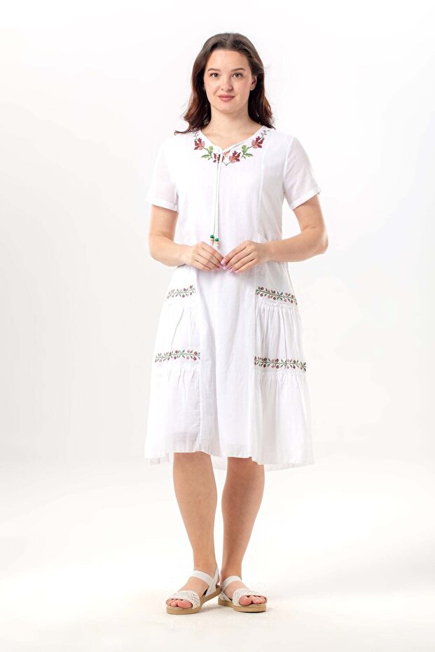 Short Sleeve Aynur Crew Neck Summer Voile Short Dress with Pockets White Byz