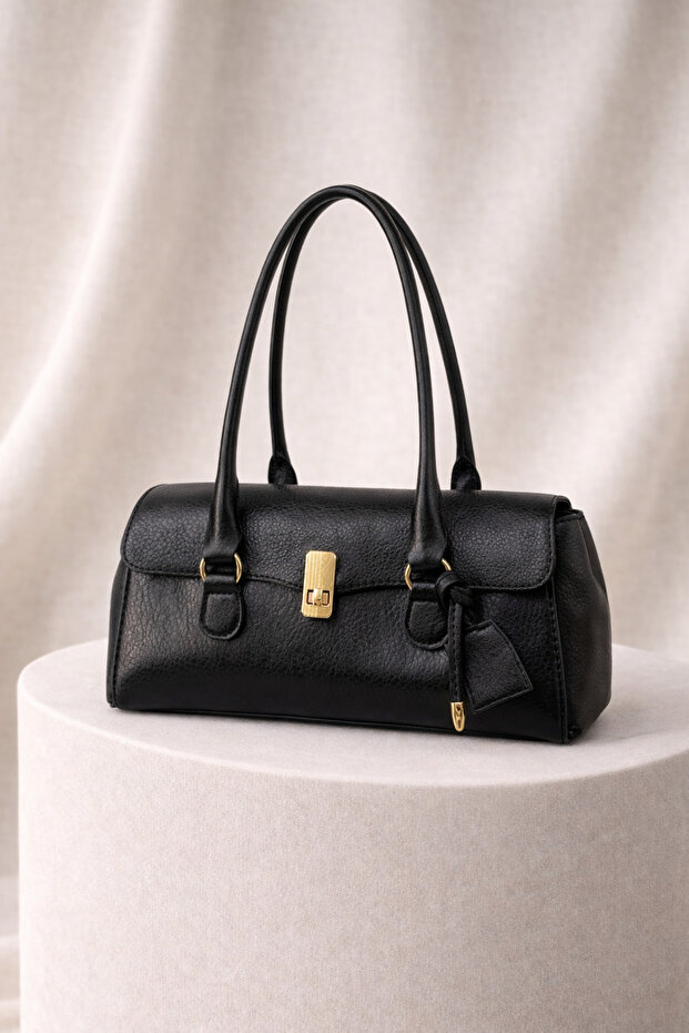 Baguette-Shaped Special Lock Pendant Detailed Elise Women's Shoulder Bag Black