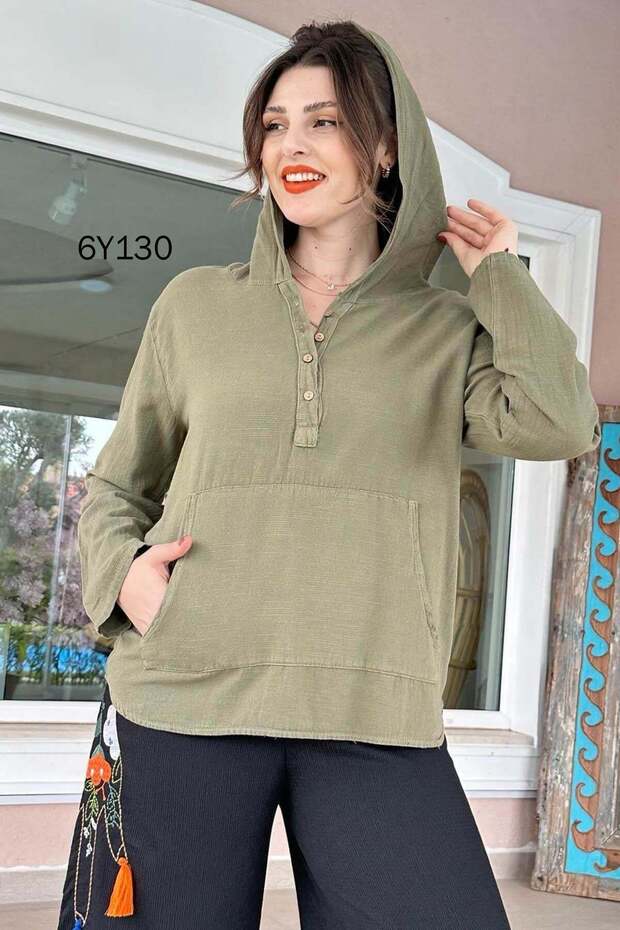 Kangaroo Pocket Linen Hooded Shirt 6Y130