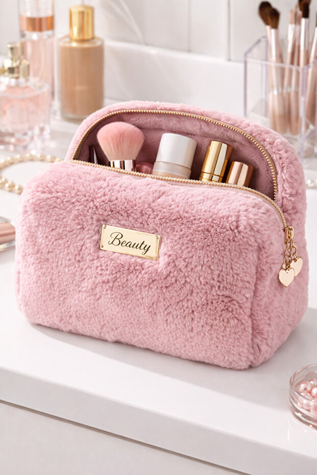 wilary Peluş Makyaj Çantası toz pembe – Büyük Boy Fermuarlı Kozmetik Çantası Seyahat Organizer