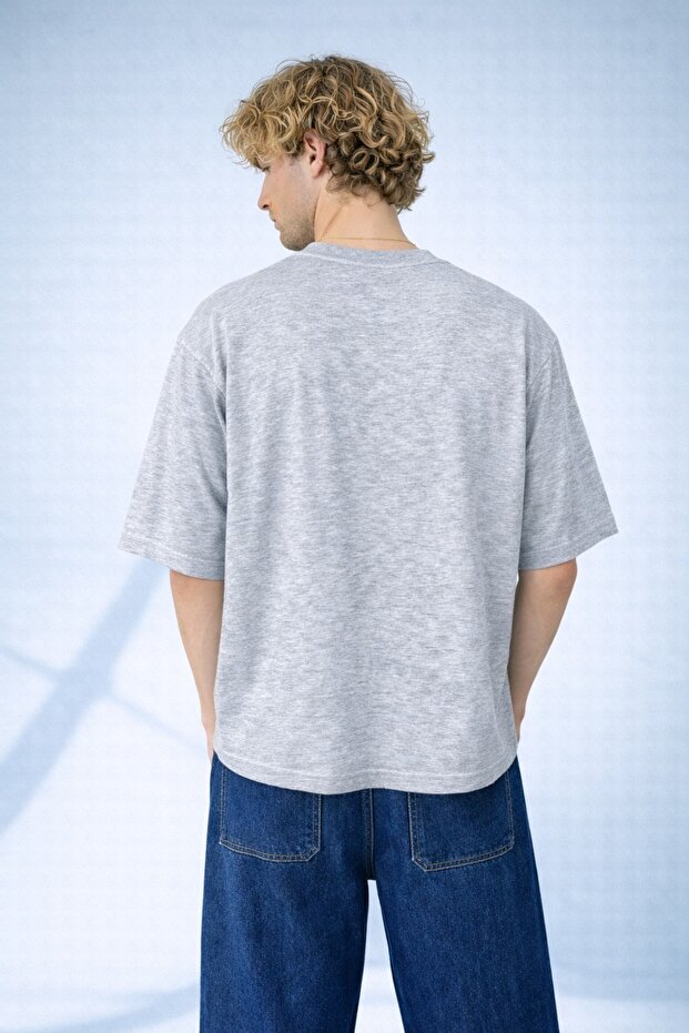 Gray Oversize Crew Neck Leaf Pattern Printed T-Shirt - 3