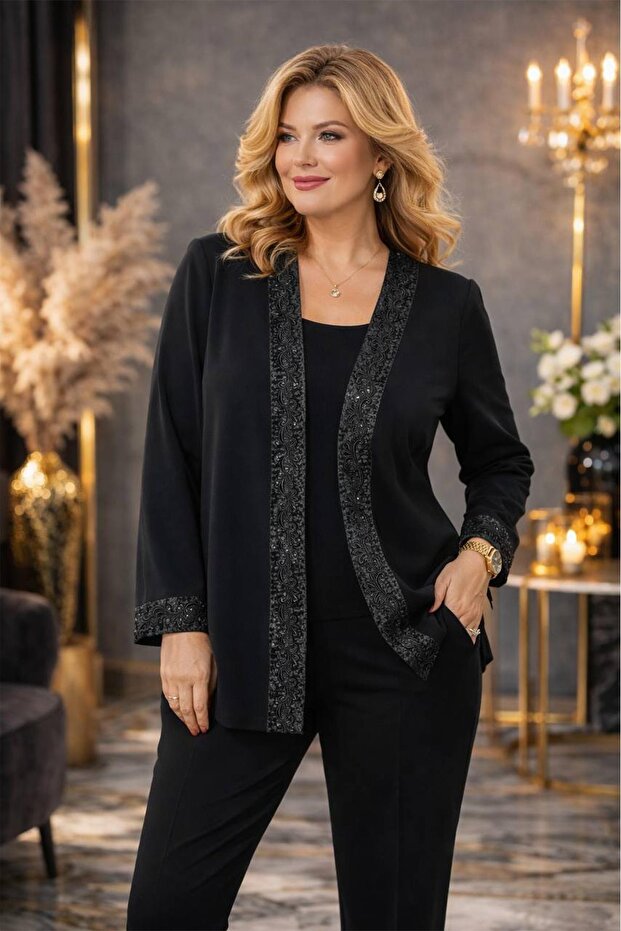 Wearon Women's Deep 2-Strap Collar and Sleeve Organza Laced Black Cardigan Jacket - 5