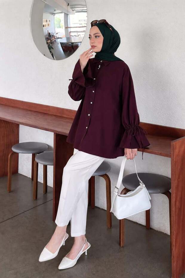 Sleeve Tunnel Rope Detailed Shirt Plum