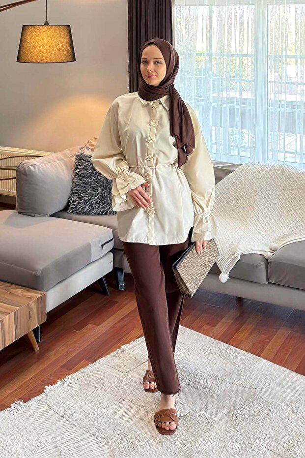 Ruffled Tie Detail Shirt Beige