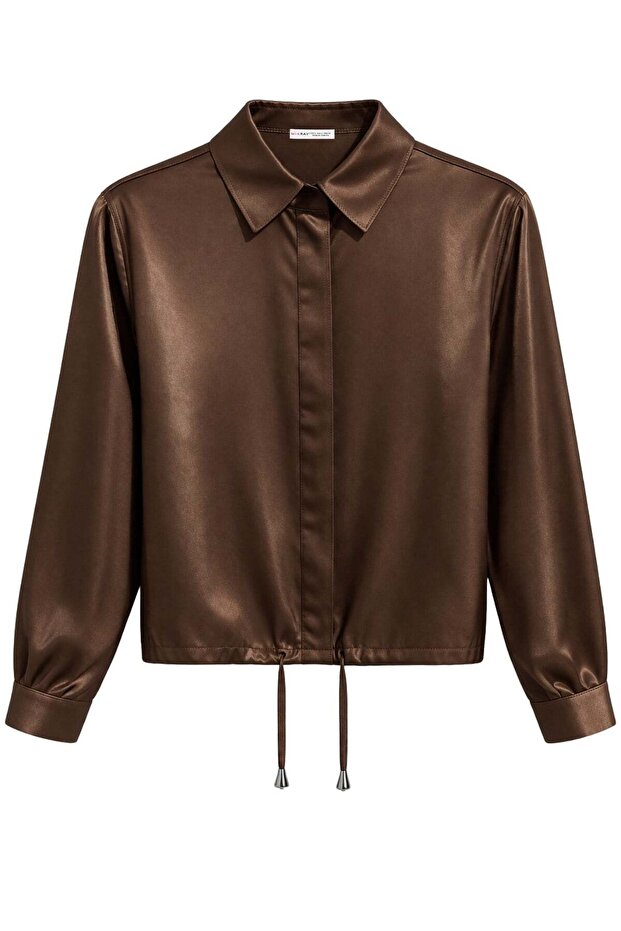 4888 women's satin lace-up placket shirt brown