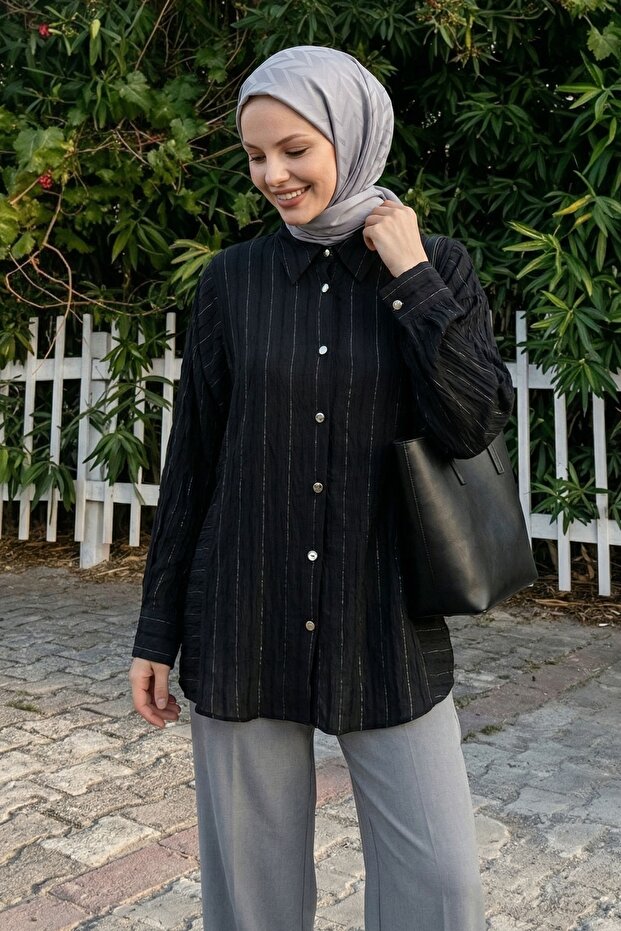 Black Shirt with Sequin Stripe