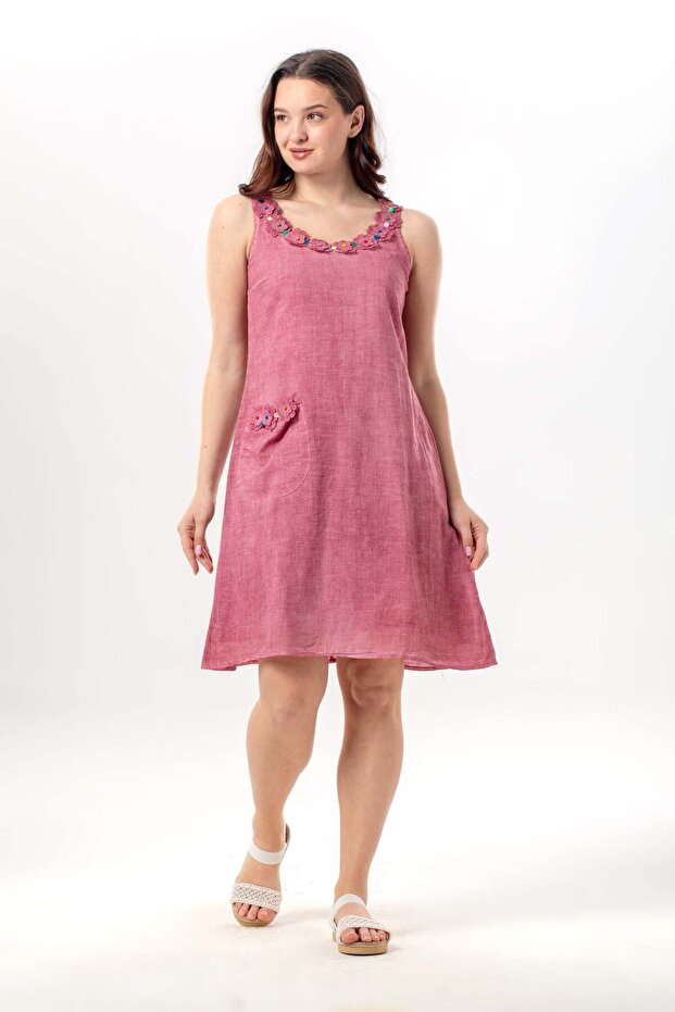 Sleeveless Monika Daisy Embroidered Pocketed Short Poplin Dress Dusty Rose Gkrs