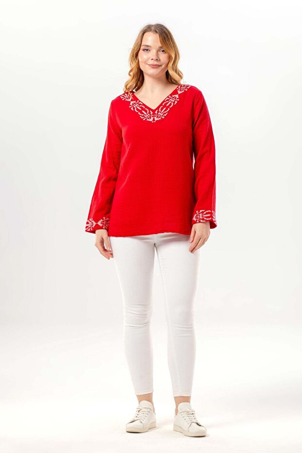 Long Sleeve Nirvana V-Neck Embroidered Summer Muslin Blouse Red Krmz