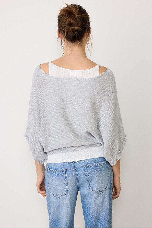 Gray Wide Collar Double Layer Knitwear Sweater Mg2780 - 4