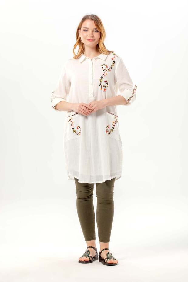Long Sleeve Cute Buttoned Classic Collar Double Pocket Şile Fabric Embroidered Tunic Cream Color