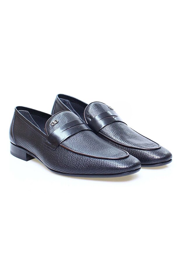 Dark Blue Color Laceless Genuine Leather Men's Shoes