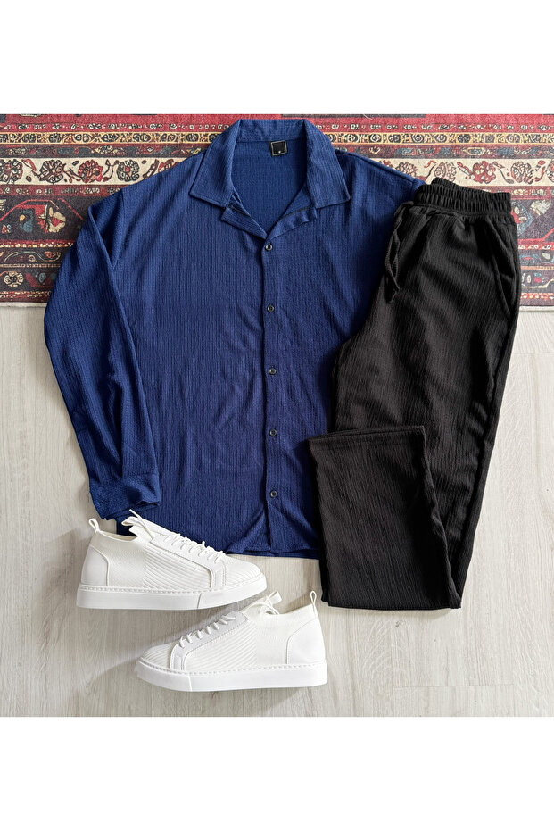 Men's Wrinkled Shirt and Pants 2-Piece Set Wide Cut
