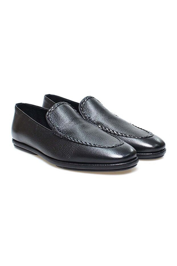 Black Color Laceless Genuine Leather Men's Shoes