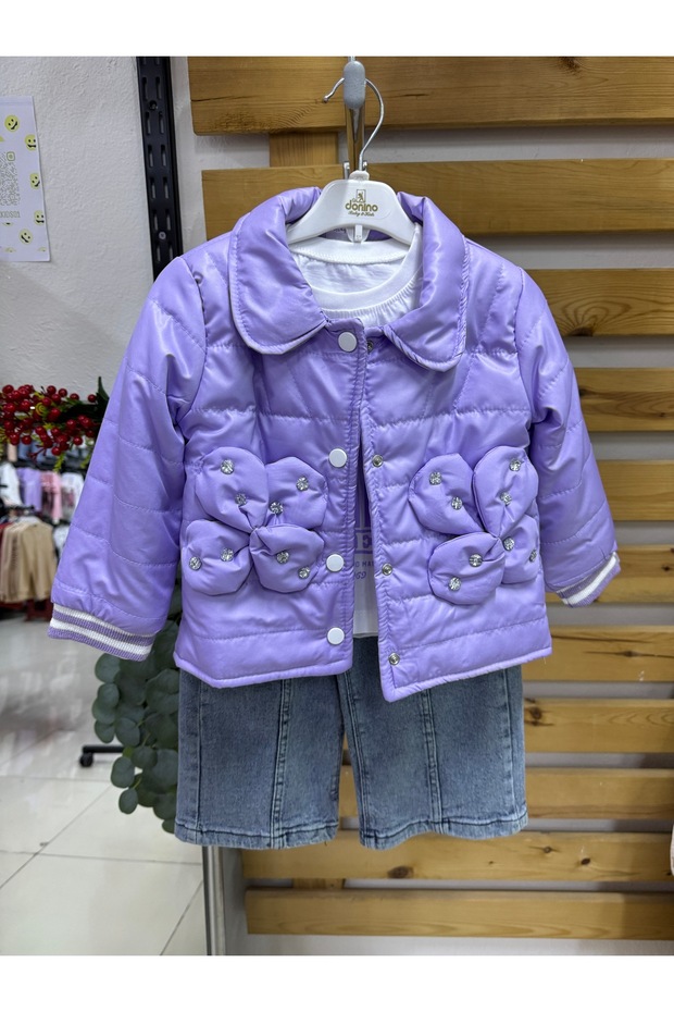 Girl's Lilac Coat and Badi Pants 3-Piece Top and Bottom Set