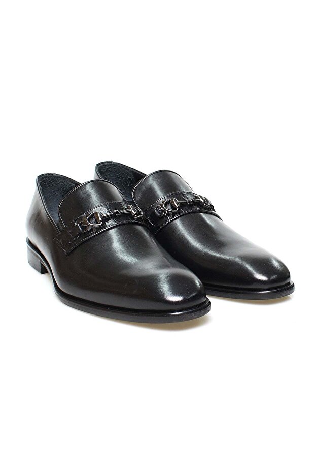 Black Color Laceless Genuine Leather Leather Sole Men's Shoes