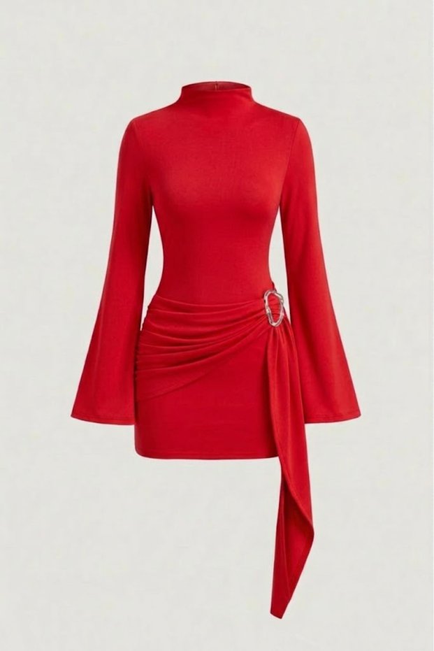 Red Women's High Neck Buckle Detailed Belted Slimming Fit Mini Dress