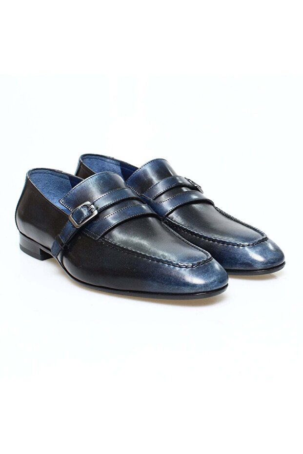 Dark Blue Color Laceless Genuine Leather Men's Shoes
