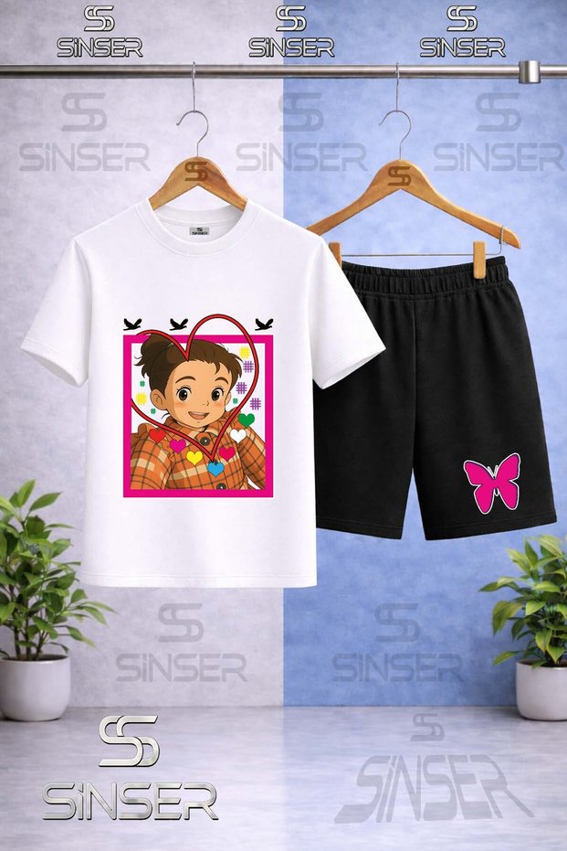 Kids' Crn Girl Heart Printed Crew Neck T-Shirt - Shorts Set