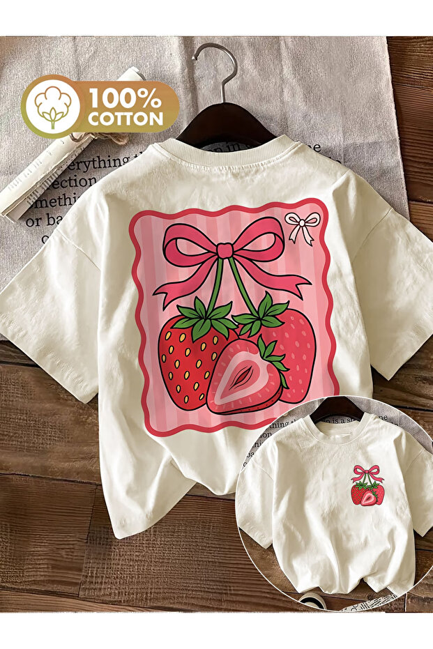Strawberry Printed Oversize Cotton Crew Neck T-Shirt Tshirt