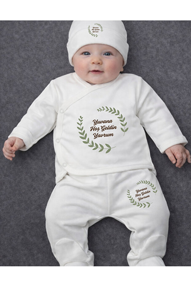 100% Cotton Unisex Welcome Written Baby Bodysuit Top and Bottom Set