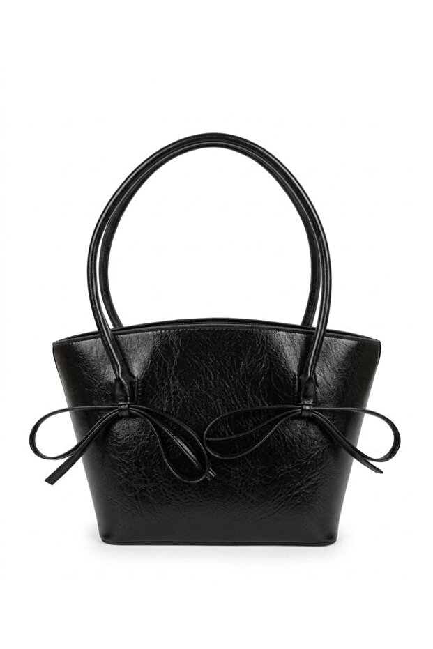 Large Size Leather Hand and Shoulder Bag with Black Bow Detail