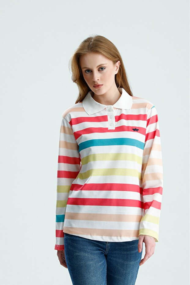 Women's Regular Fit Long Sleeve Polo Neck T-Shirt Thick Line
