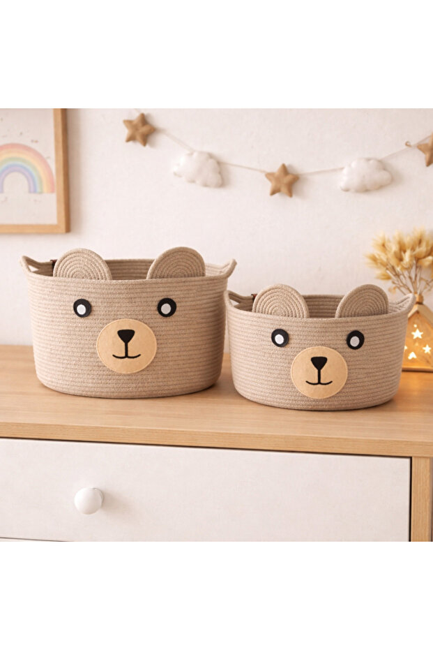 2-Piece Teddy Bear Basket Set Children's Room Toy Basket Decorative Organizer Large + Small