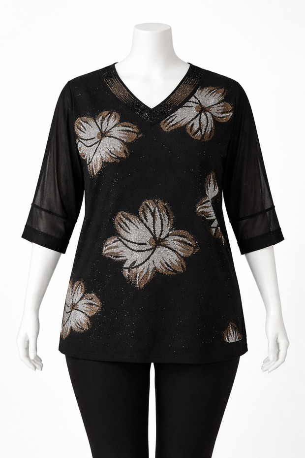 Women's 3/4 Sleeve Bronze Stone Embroidered Plus Size Luxury Mother's Combed Cotton