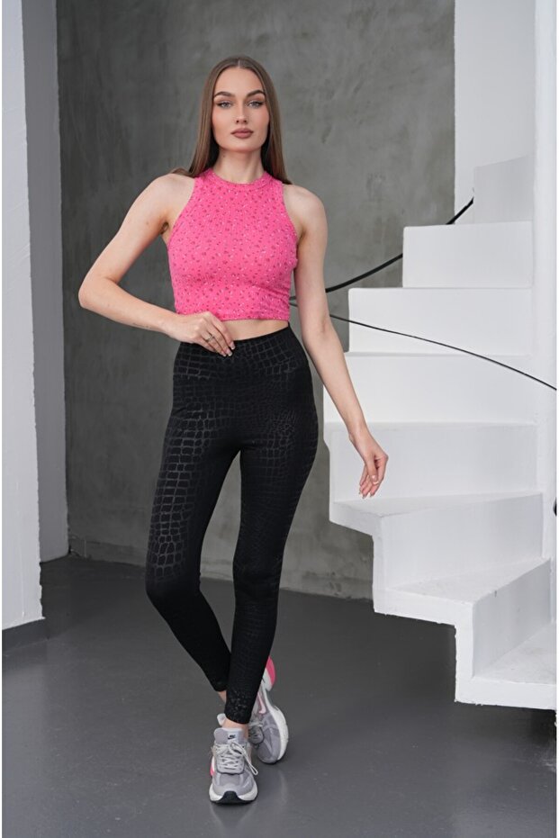 Women's Black Crocodile Patterned High Waist Tummy Control Leggings