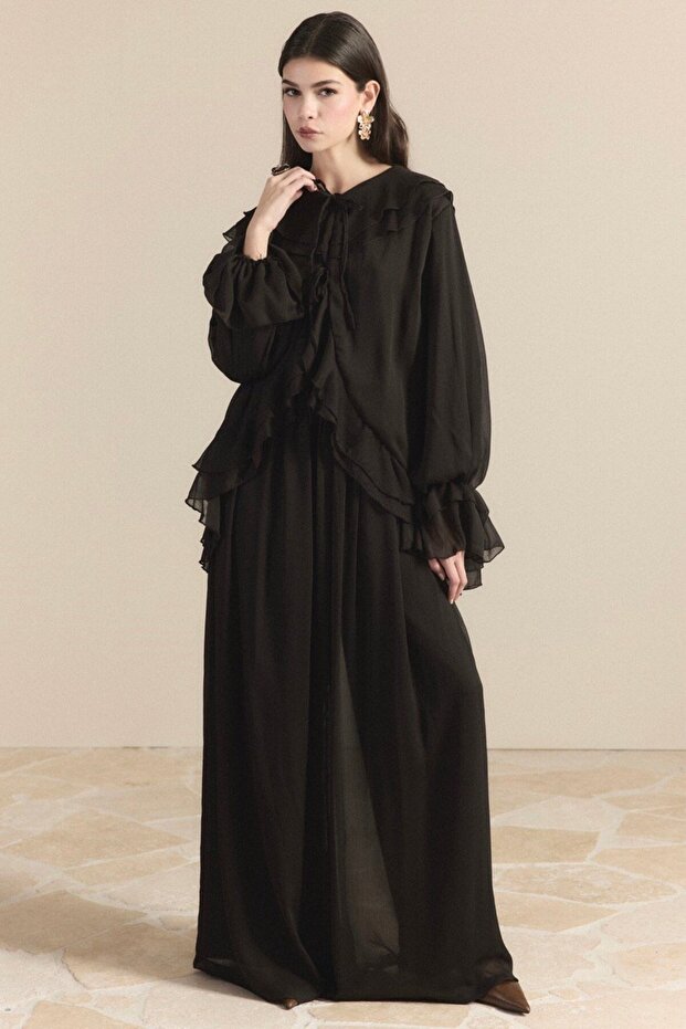 Imported Fabric Collar and Sleeve V Ruffled Chiffon Set