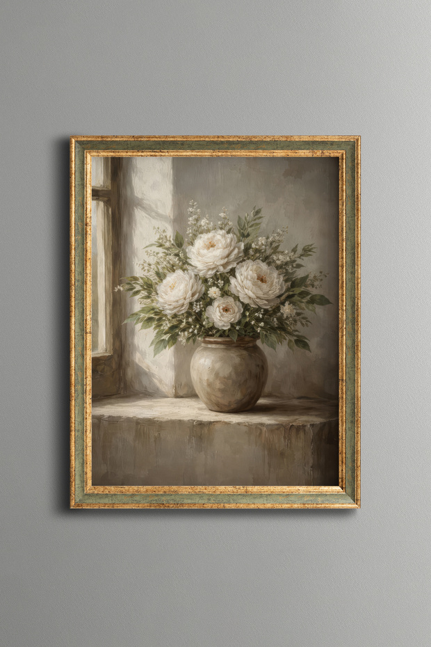 White Peony Bouquet – Vintage Patterned Frame – Slim Model