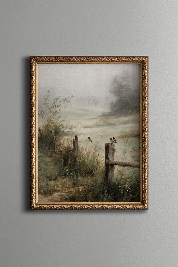Country Fence and Birds – Vintage Patterned Frame – Slim Model