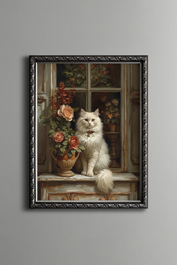 White Cat and Rose Bouquet – Vintage Patterned Frame – Slim Model