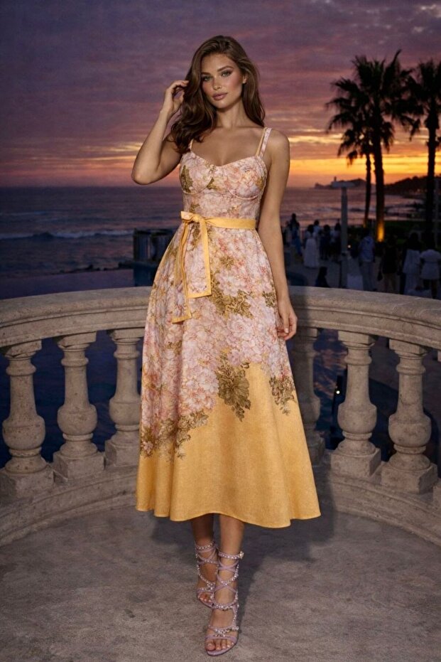 Corsage Sun Yellow Belted Dress