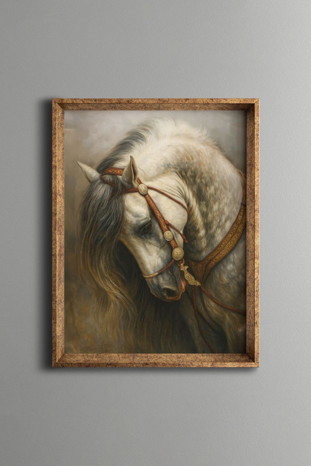 Noble Horse Portrait – Vintage Patterned Frame – Slim Model
