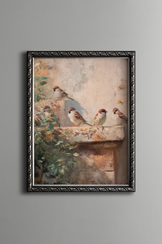 Sparrows on the Wall – Vintage Patterned Frame – Slim Model