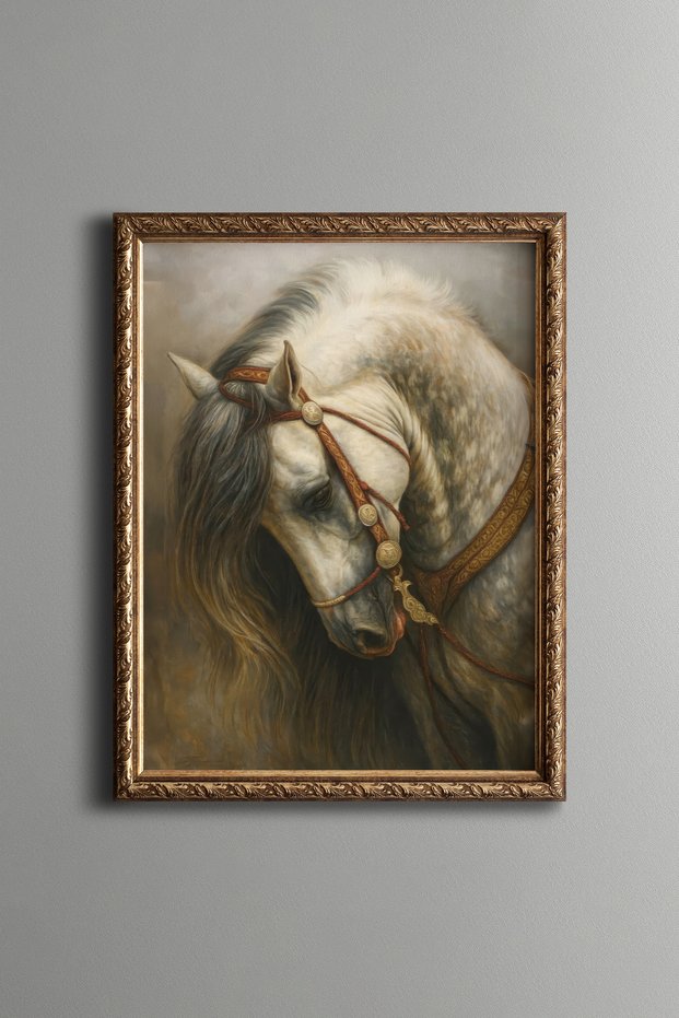 Noble Horse Portrait – Vintage Patterned Frame – Slim Model