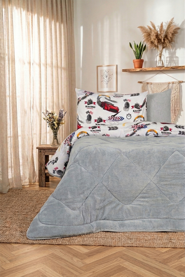 Single Duvet Car Sped Luxury Patterned Double-Sided Wellsoft Sleeping Set (Duvet+Sheet+Pillowcase)