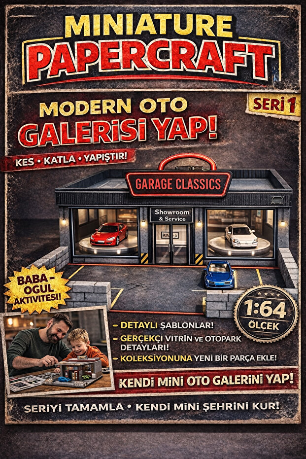 PAPER 1:64 Ölçek Modern Oto Galerisi Maketi – Kendin Yap Papercraft Diorama | Seri 1