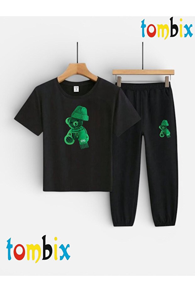 Green Hat Bear Printed T-Shirt and Sweatpants (Sweatpants with Pockets) Children's Top and Bottom Set