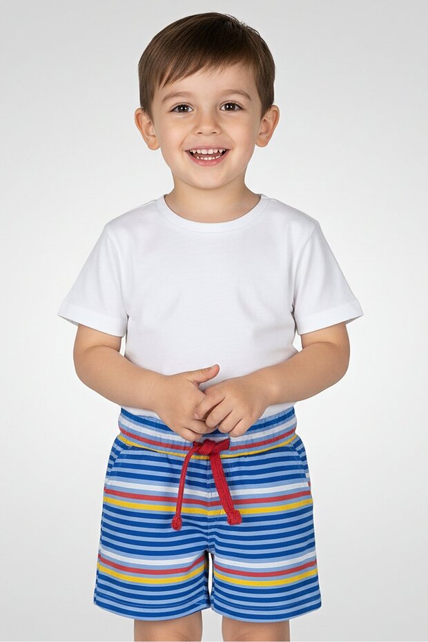 Toddlers Boy Drawstring Stripe Basic Shorts, Multicolor - 1