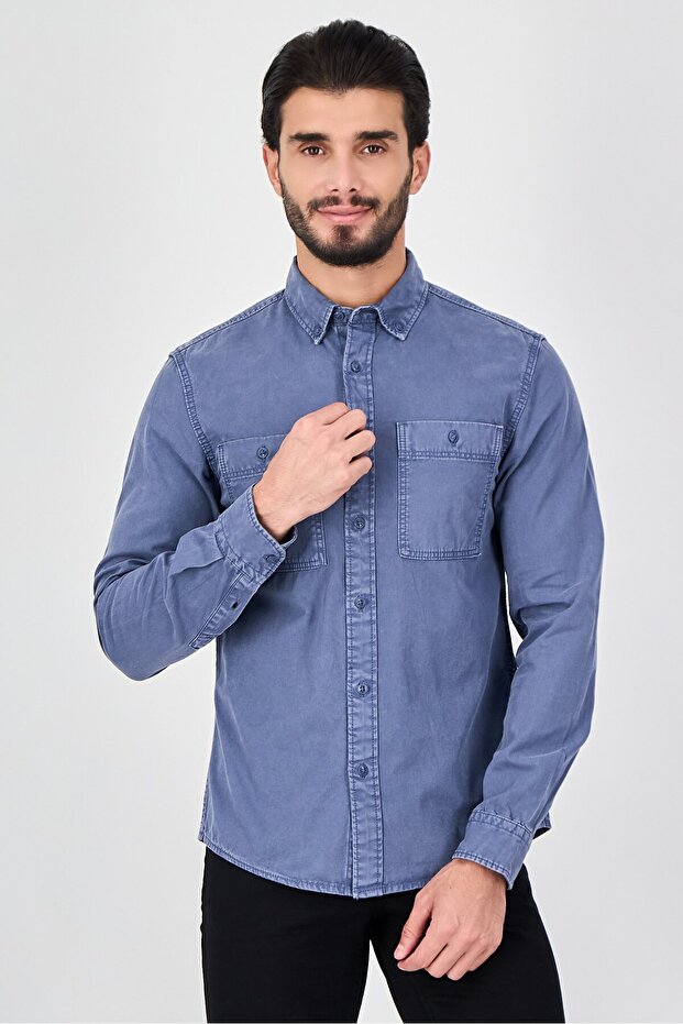 Men Regular Fit Plain Long Sleeve Casual Shirt, Slate Blue