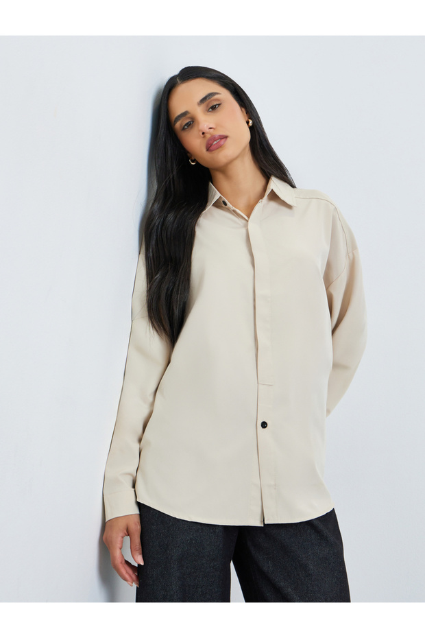 Beige Solid Double-Placket Oversized Shirt - 3