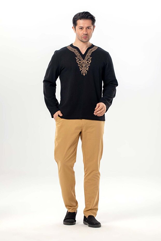 Long Sleeve Midas V-Neck Embroidered Şile Cloth Men's T-Shirt | Summer Men's Tshirt Black Syh