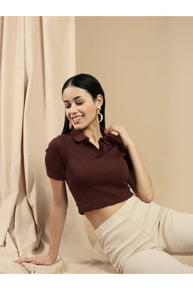Brown Solid Polo Neck Short Sleeves Crop Top