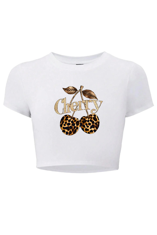 Women's Leopard Cherry Crop T-Shirt (White)
