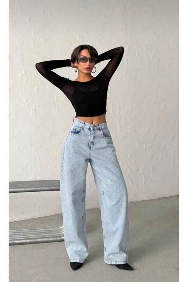 Adjustable Back Clasp Detail High Waist Loose Baggy Snow Wash Women's Denim Pants