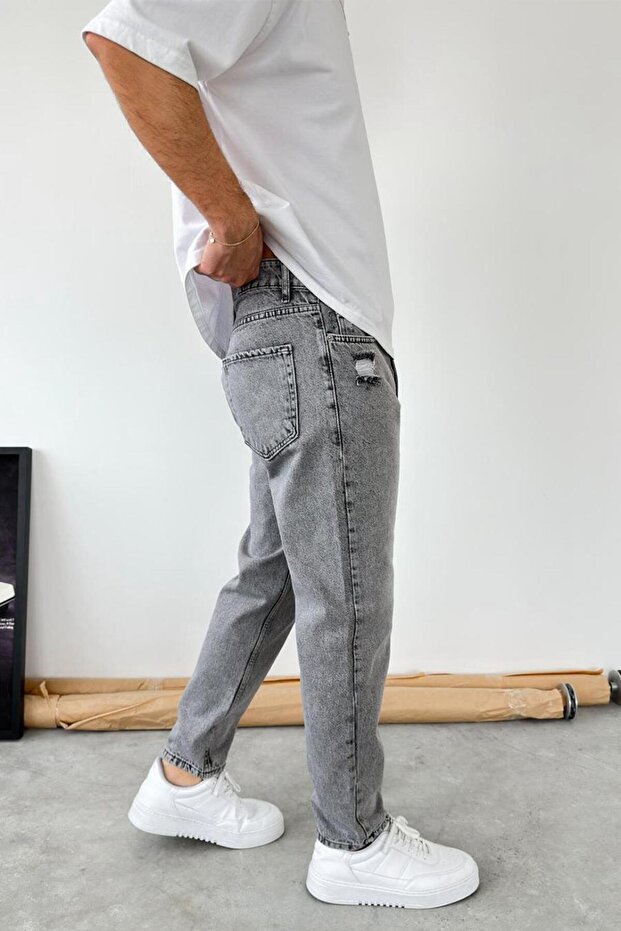 Gray Basic Ripped Boyfriend Pants - 3